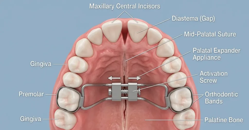 Illustration of a central diastema front tooth gap caused by palatal expansion.
