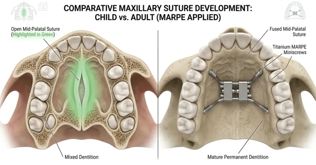 3D cross section comparing open child mid-palatal suture to fused adult palate.