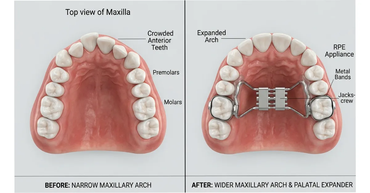 Split 3D dental graphic showing a narrow upper arch before treatment and a wider arch with a palate expander.