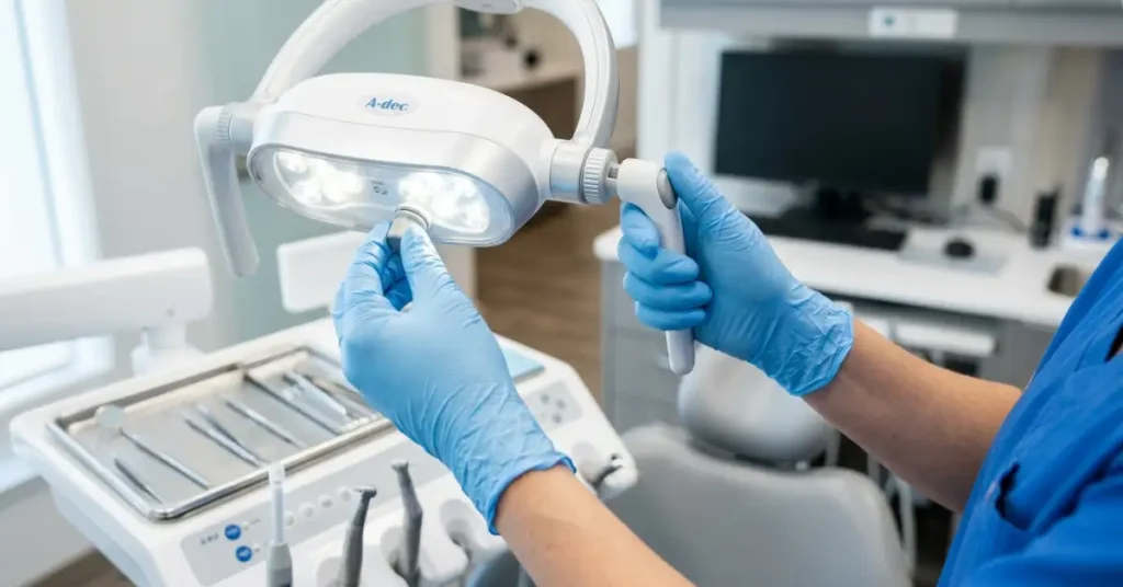 A close-up photograph of a dentist wearing a blue sterile glove gently using a silver periodontal probe to examine the gumline and teeth of a patient during a clinical dental checkup.