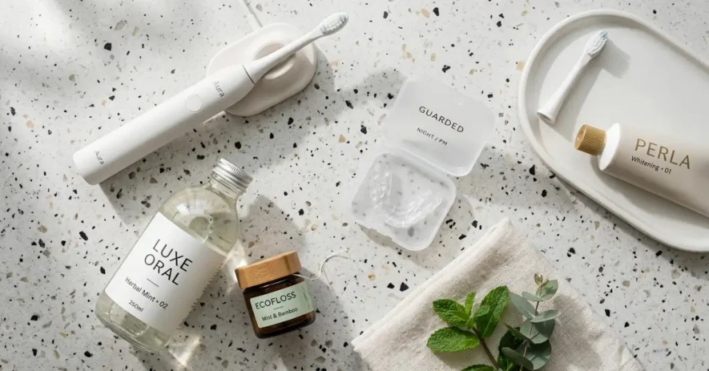 A clean lifestyle photograph of oral hygiene products laid out on a white surface, including a white electric toothbrush, dental floss, a clear custom night guard in a plastic case, and a bottle labeled "Specialized fluoride toothpaste".