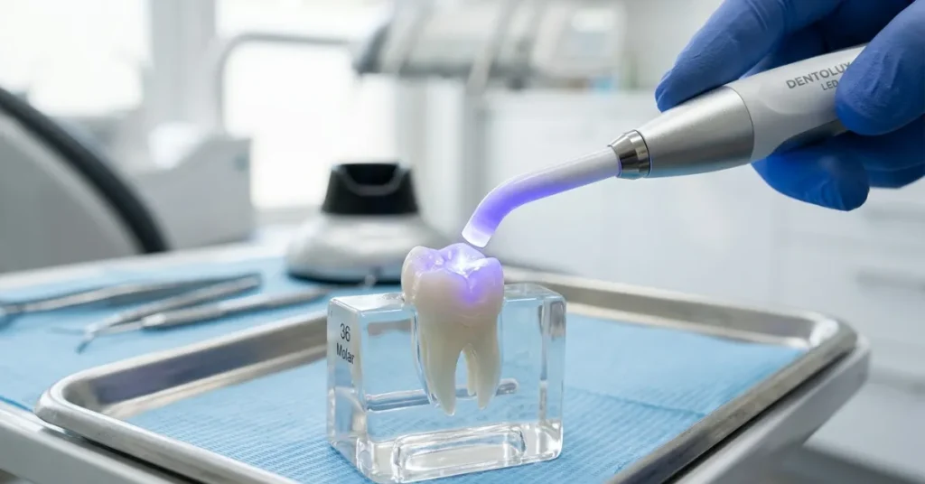 3D illustration of a dental sealant coating the chewing surface of a molar tooth, showing how the protective resin fills pits and fissures to prevent cavities.