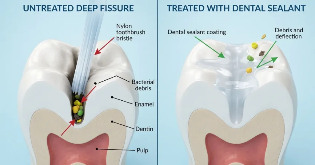 Medical graphic showing a tooth protected by a physical sealant barrier on the chewing surface and a chemical fluoride shield on the side enamel.