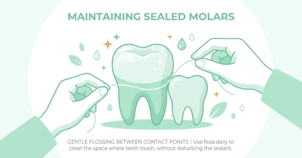 Minimalist vector illustration of dental floss cleaning between teeth, highlighting that molar sealants do not protect the spaces between teeth.