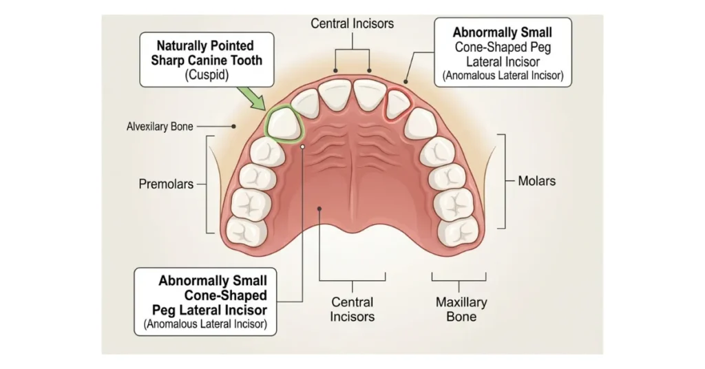 Dental diagram of the upper arch comparing the position of a naturally pointed sharp canine tooth and a cone-shaped peg lateral incisor.