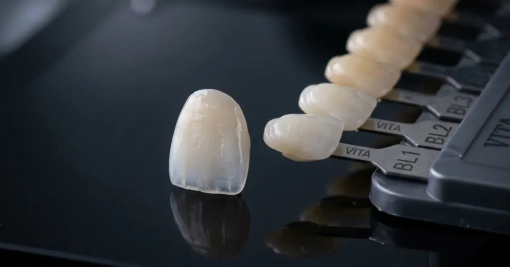 Ultra-thin custom porcelain dental veneer resting on a reflective black surface next to a dental shade guide.