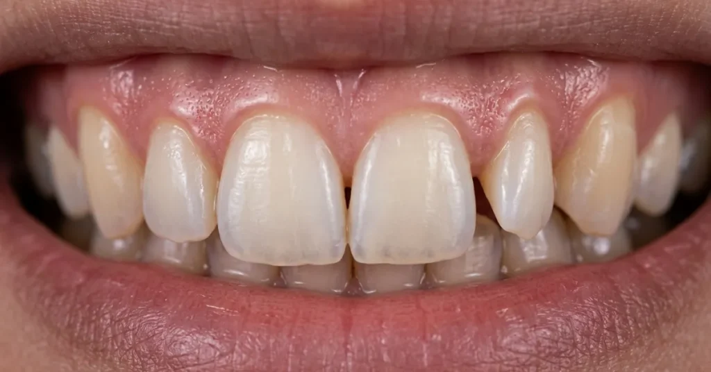 Macro photograph of a smile showing small, cone-shaped peg lateral incisors with gaps next to normal central front teeth.