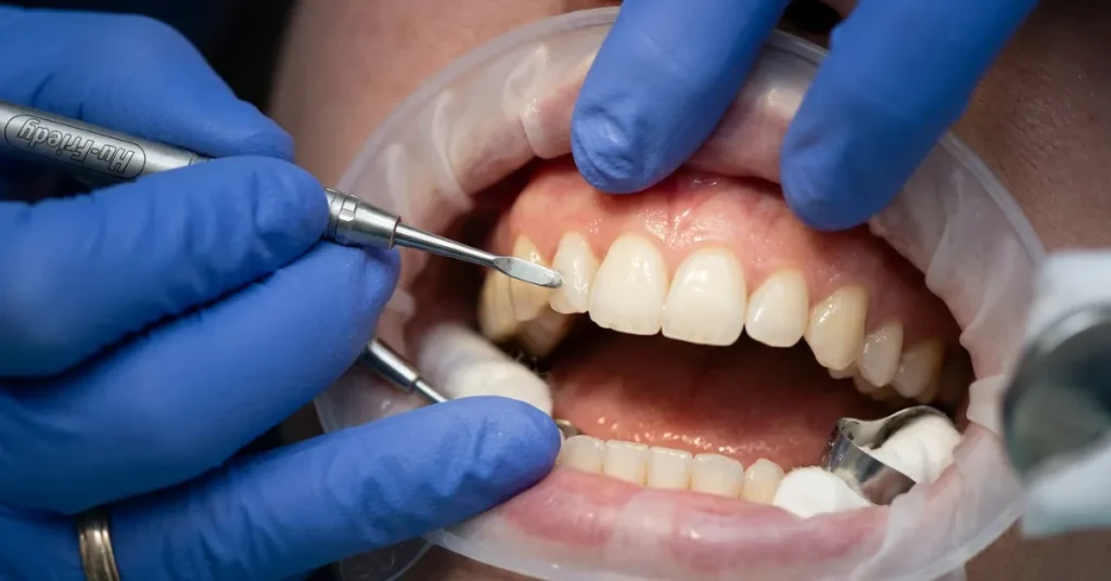 Close-up of a dentist using a dental instrument to apply composite resin to reshape a small peg tooth during a bonding procedure.
