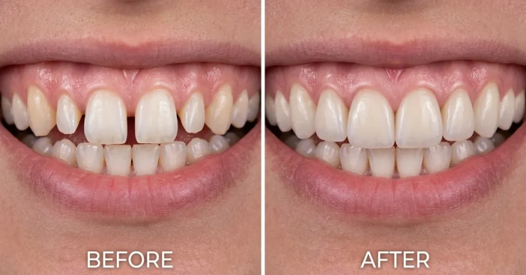 Before and after photo comparison showing peg lateral incisors with gaps restored into full, symmetrical teeth with veneers.