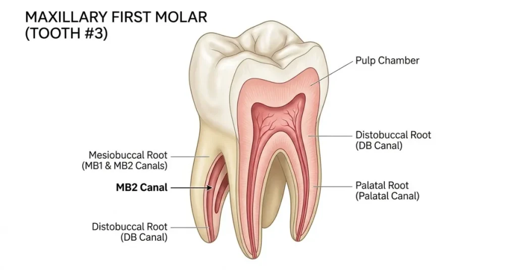 Tooth 3 three roots and MB2 canal anatomy