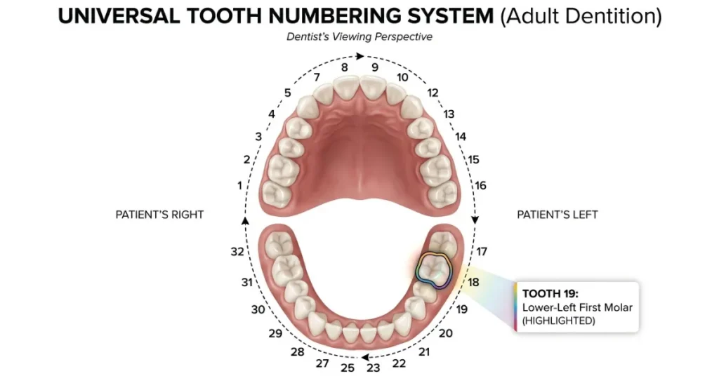 Universal tooth numbering system 1 to 32 diagram