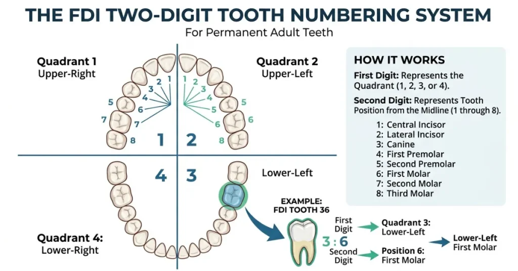 FDI tooth numbering system quadrant and position diagram