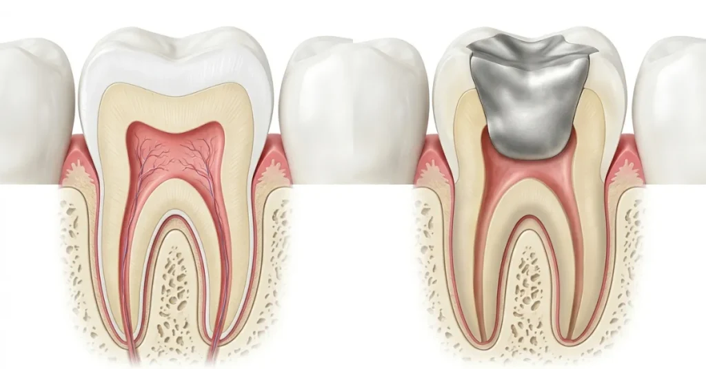 Healthy natural tooth compared with unnecessary aggressive dental treatment