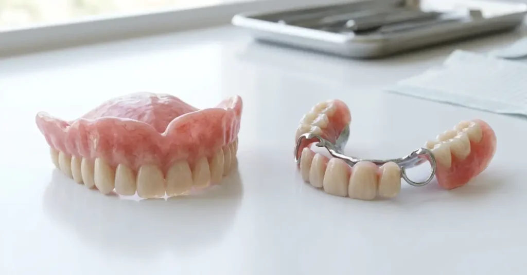 A full upper denture next to a partial removable denture with metal clasps on a white surface.