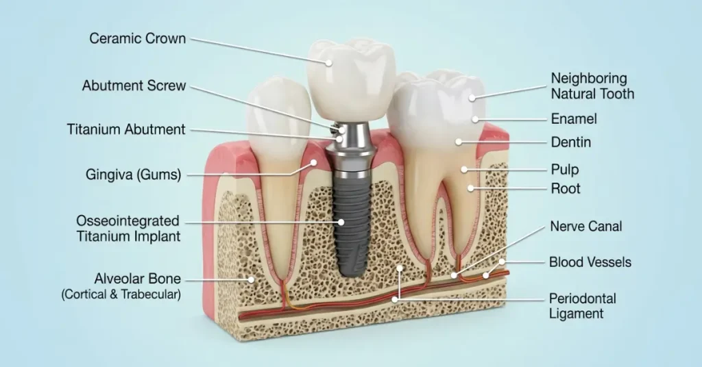 A 3D anatomical diagram showing a titanium dental implant post, abutment, and ceramic crown anchored in the jawbone.