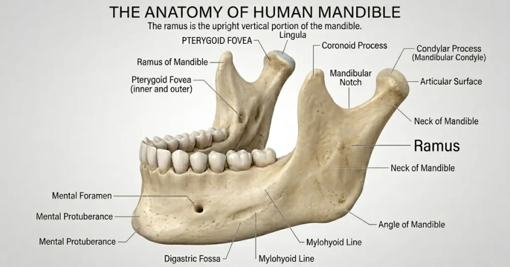 Detailed medical anatomy diagram of the human mandible showing labeled structures including the ramus, coronoid process, mandibular condyle, and mental foramen