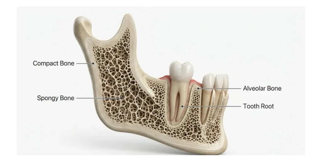Cross section medical diagram of a lower jaw bone illustrating the outer compact bone, inner spongy trabecular bone, alveolar ridge, and tooth root placement