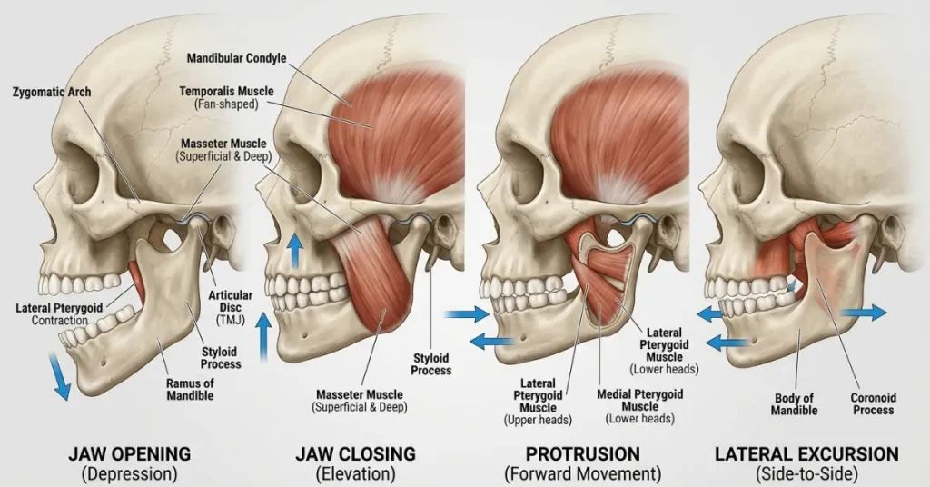 Diagram illustrating human jaw chewing movements including jaw opening, closing, protrusion, and lateral excursion with major mastication muscles labeled