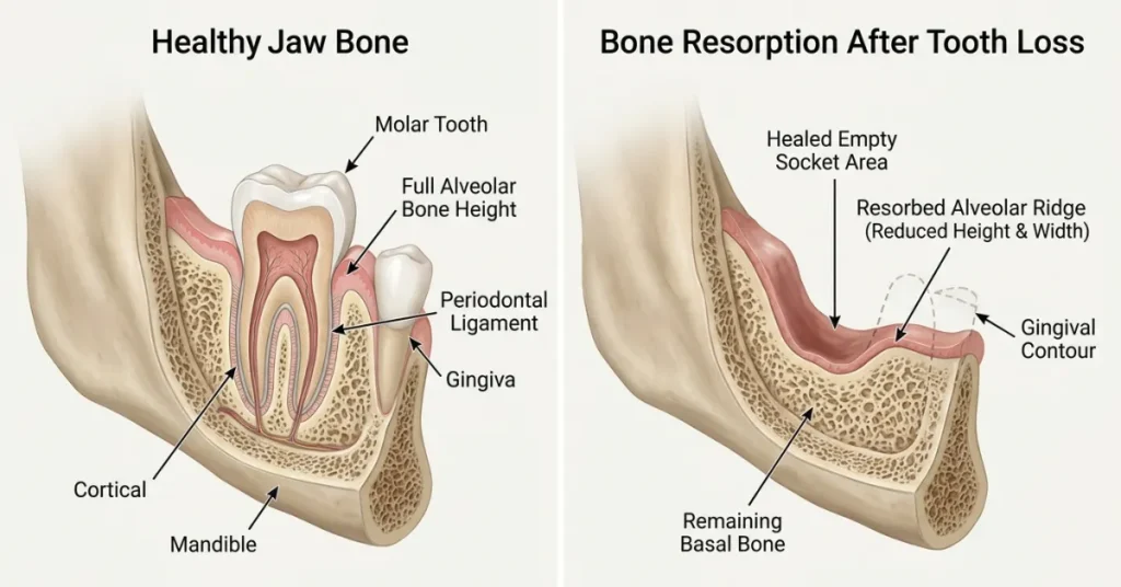 Side by side anatomical comparison showing a healthy jaw bone with a natural tooth root versus alveolar bone resorption following tooth loss