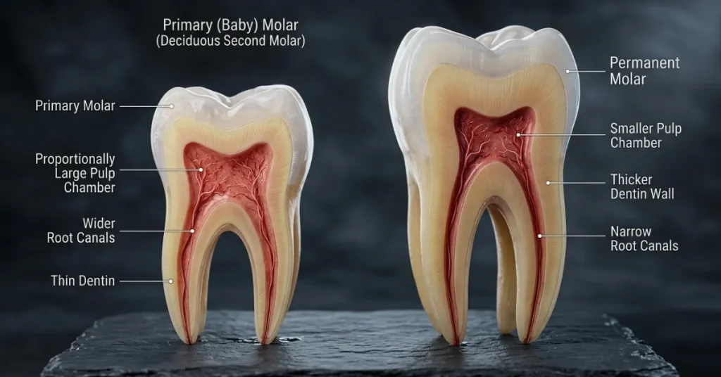 Side-by-side comparison of a primary baby molar and permanent adult molar highlighting differences in pulp chamber size.