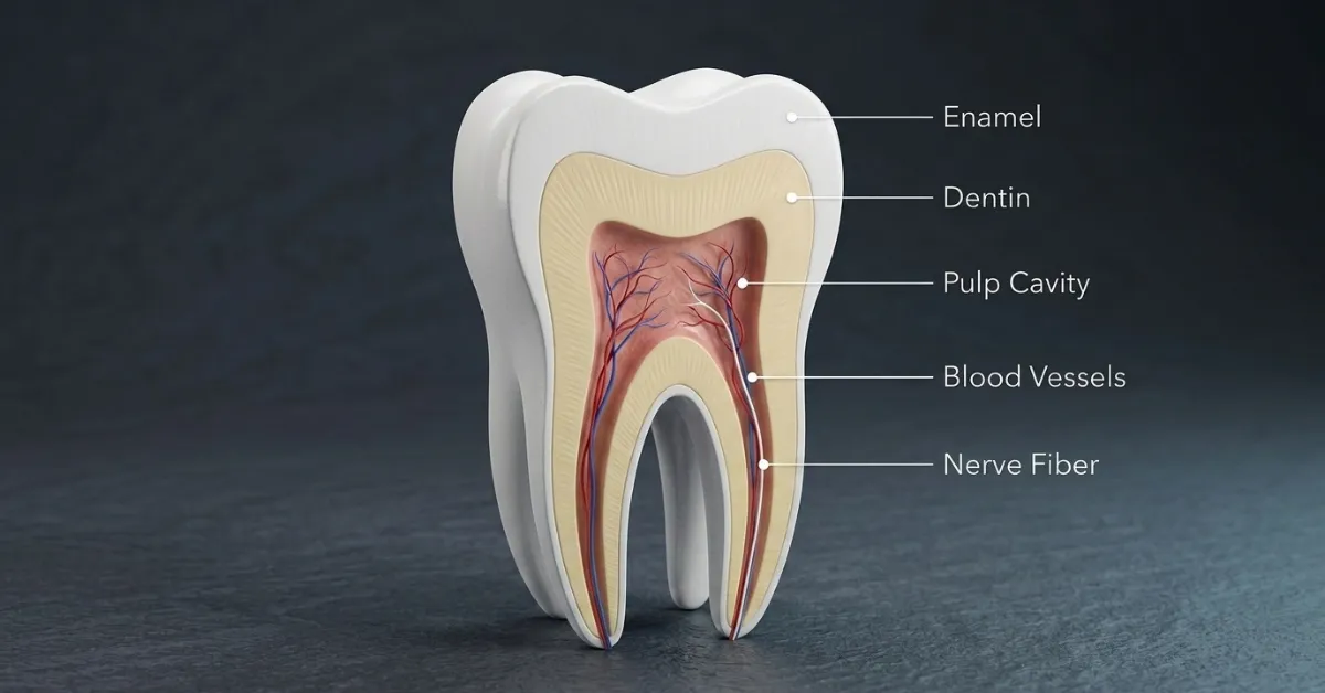 Clean 3D cross-section diagram of a human molar showing the enamel, dentin, pulp cavity, blood vessels, and nerves.