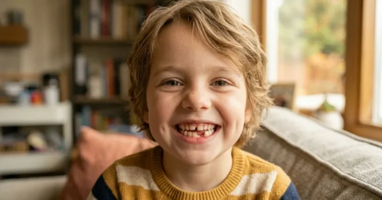 Child smiling naturally showing a missing lower front baby tooth.