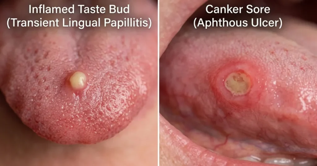 Side-by-side macro comparison of two tongue conditions. The left side shows a highly magnified view of a single, swollen white inflamed taste bud on the tip of the tongue. The right side shows a shallow canker sore ulcer with a prominent white-yellow center and a distinct red border.