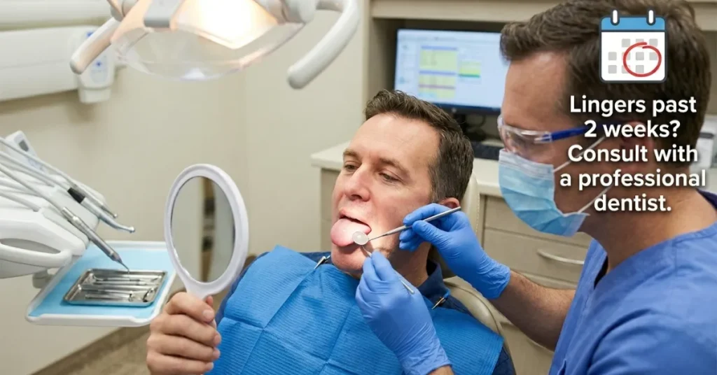A dental patient holds a small mirror to look at his tongue while a dentist in medical gloves and a mask uses a mouth mirror and dental light to examine a small white bump. A calendar icon overlay includes text reading "Lingers past 2 weeks? consult with a proffesional dentist