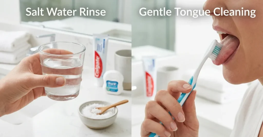 Split photo demonstrating oral home remedies. The left side shows a hand holding a glass of warm salt water rinse. The right side shows a person gently brushing the surface of their extended tongue with a soft-bristled toothbrush over a modern bathroom sink.