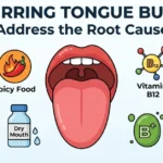 Medical infographic featuring a stylized diagram of a healthy tongue surrounded by icons for recurring bump triggers. Icons include a stress cloud, a chili pepper for spicy food, a dry mouth symbol, and chemical symbols for Vitamin B12, Iron, and Folate. The headline reads "RECURRING TONGUE BUMPS? Address the Root Cause."