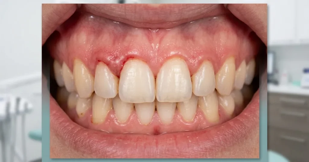 Close-up of red and swollen gums caused by mild gingivitis