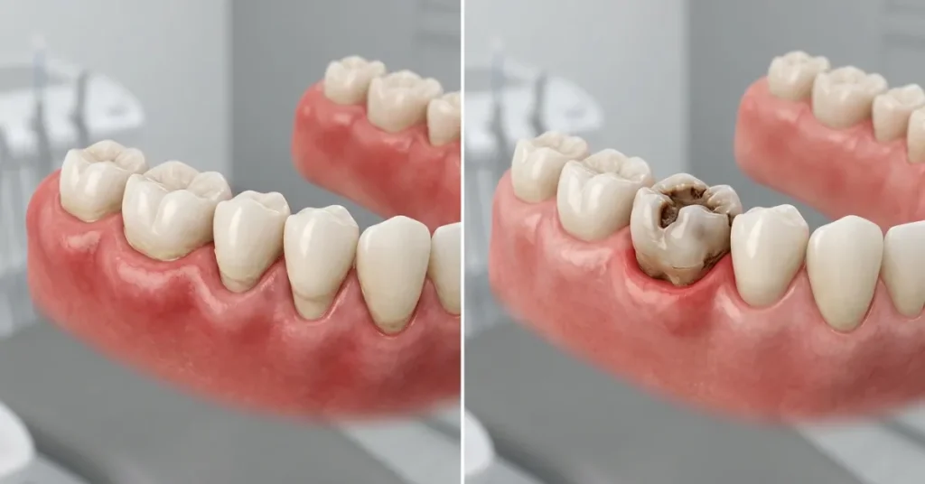 Dental illustration comparing gum pain with pain caused by a damaged tooth