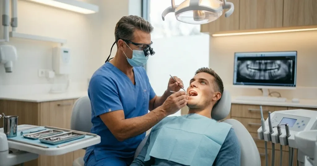 Dentist examining a patient's teeth and gums during an oral examination