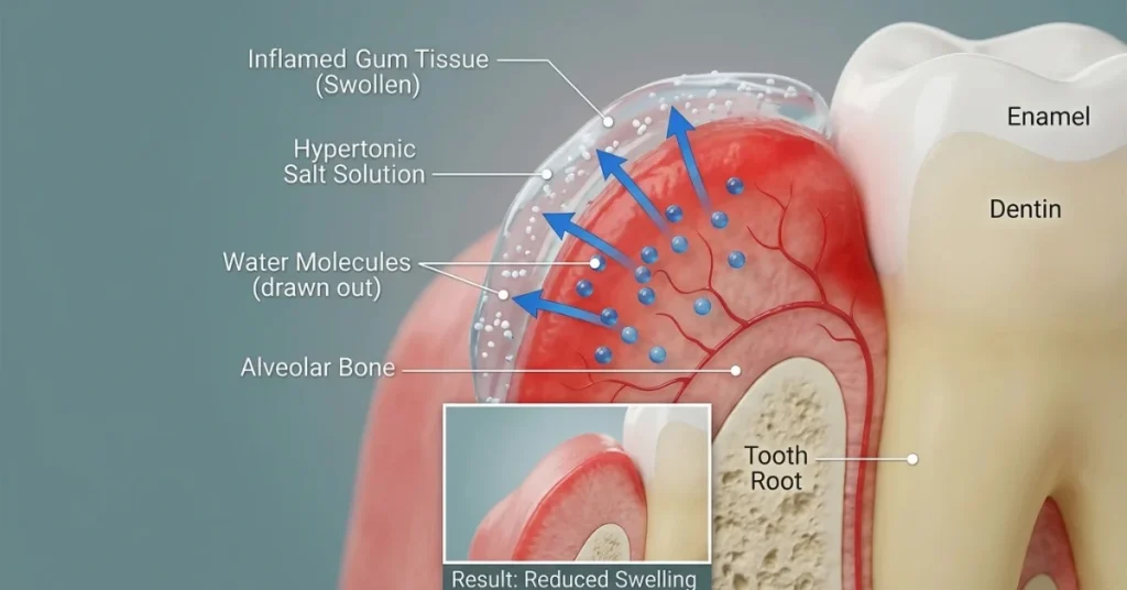 A medical cross-section diagram demonstrating how osmosis reduces gum inflammation, showing water molecules being drawn out from swollen, inflamed gum tissue into a hypertonic salt solution applied near the tooth root and enamel.