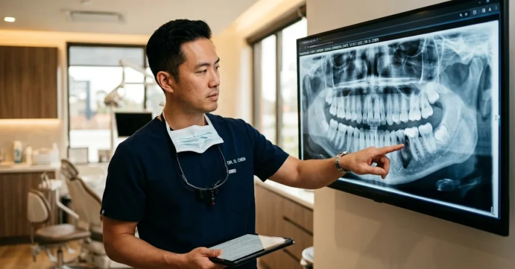 A professional male dentist in dark blue medical scrubs and a face mask hanging around his neck points to a panoramic dental X-ray showing a full row of teeth on a large wall monitor inside a modern dental clinic.