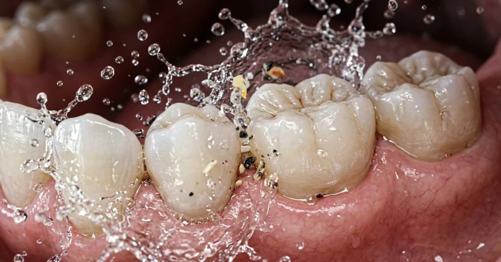 A close-up action photograph of water splashing aggressively over a row of human teeth and pink gums, dislodging food particles and debris trapped between the molars to illustrate oral rinsing.