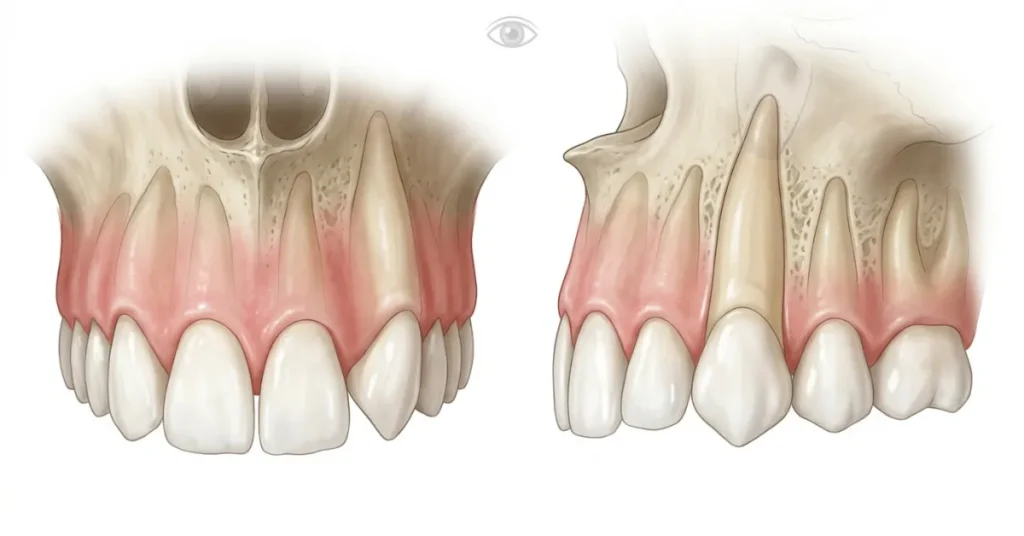 Anatomical illustration showing front and side views of the upper maxillary jawbone, exposing the tooth roots and gums with severe gingival recession on the canine tooth.