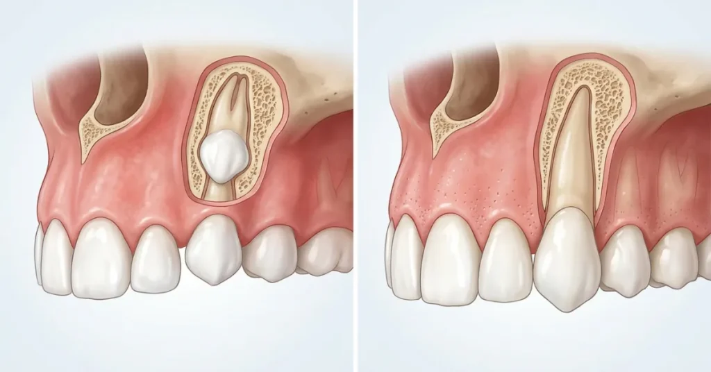 picture showing the difference between a mature and a immature eye tooth