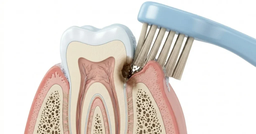 Diagram illustrating how hard toothbrush bristles wear away gum tissue at the gumline