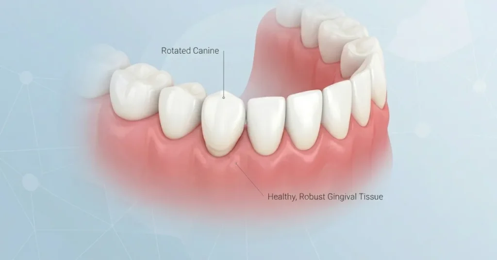 3D dental illustration showing thin gum tissue over a misaligned tooth