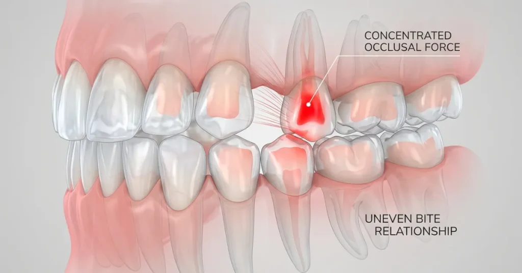 Graphic demonstrating uneven bite forces concentrated on one tooth causing stress