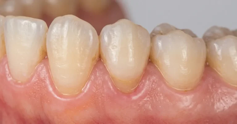 Clinical close-up showing mild localized gum recession on a single canine tooth