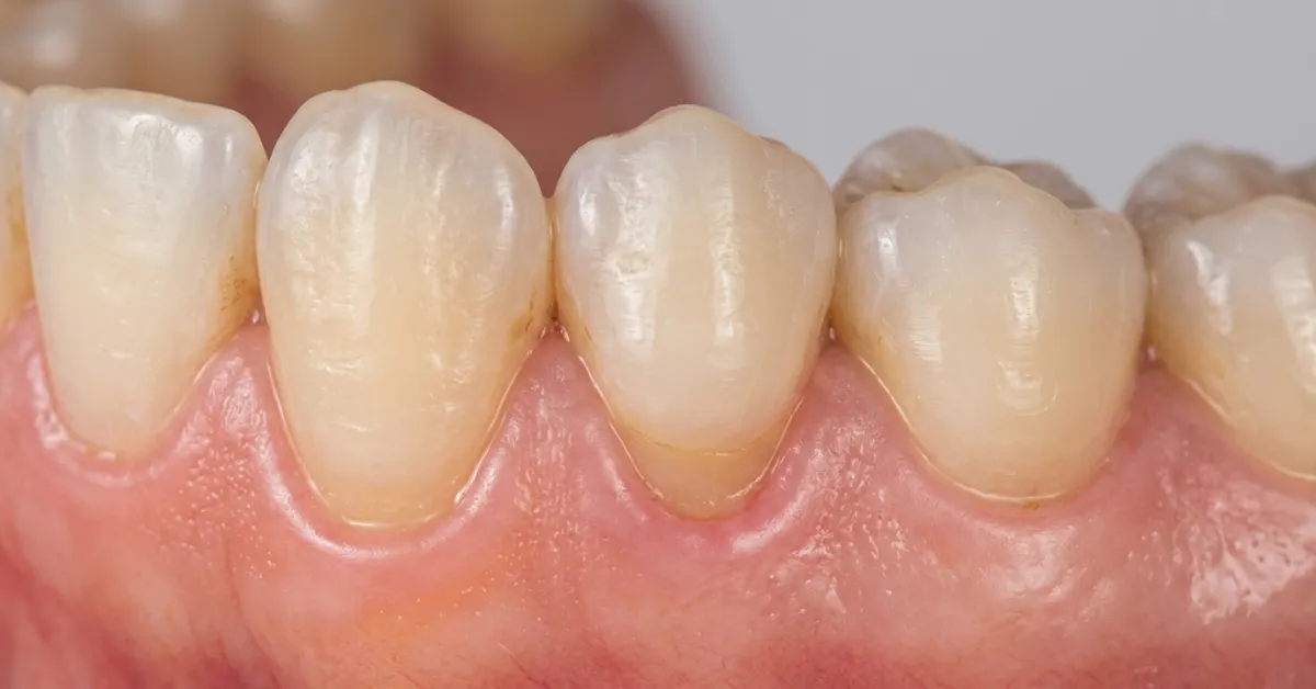 Clinical close-up showing mild localized gum recession on a single canine tooth