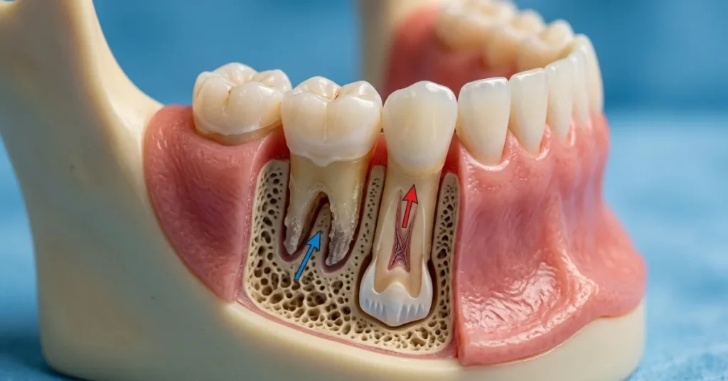 3D dental graphic showing root resorption as an emerging permanent tooth dissolves the root of a primary baby tooth.