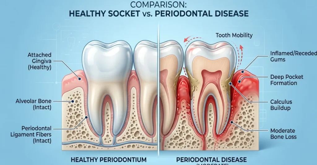 Medical cross-section comparison of a healthy adult tooth socket versus bone loss and gum inflammation from periodontal disease.