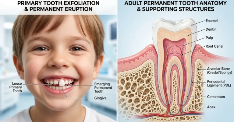 Dual illustration showing a child's loose baby tooth with a permanent tooth emerging alongside a 3D anatomical model of an adult tooth structure.