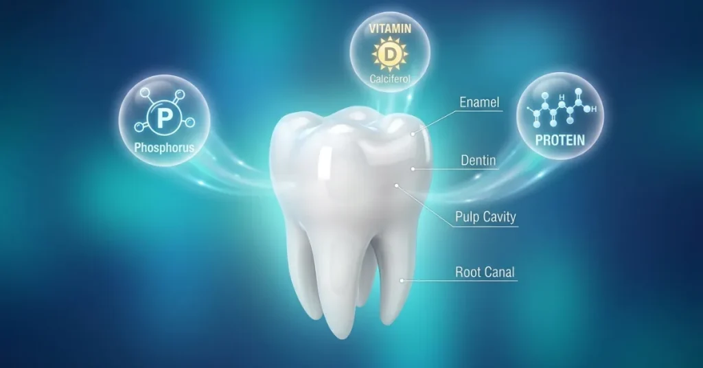 3D diagram illustrating how phosphorus and vitamin D support tooth enamel mineral density.