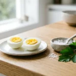 Fresh hard-boiled eggs prepared as part of a tooth-friendly diet rich in phosphorus and protein.