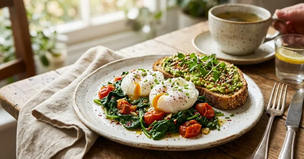 Poached eggs served with spinach as a low-sugar, nutrient-dense breakfast for strong teeth.