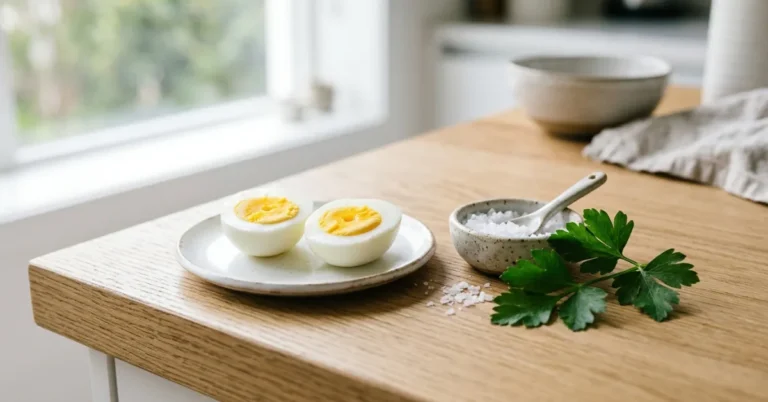 Fresh hard-boiled eggs prepared as part of a tooth-friendly diet rich in phosphorus and protein.